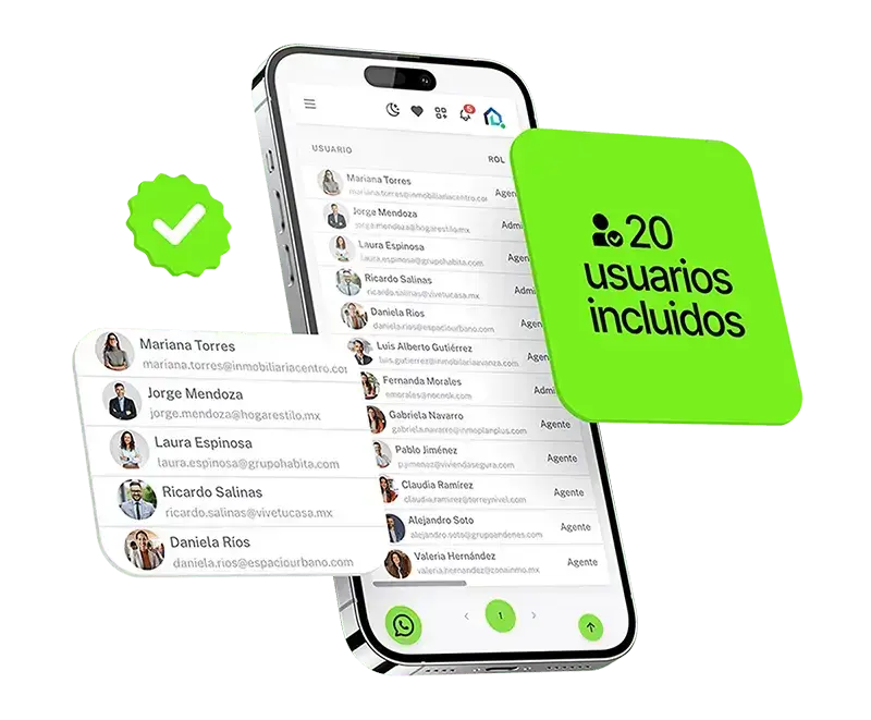 CRM inmobiliario Nocnok con 20 usuarios incluidos y gestión de equipo.