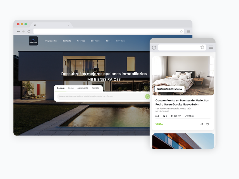 Ejemplo de página web inmobiliaria creada con el CRM NOCNOK mostrando propiedades en venta y renta en San Pedro Garza García